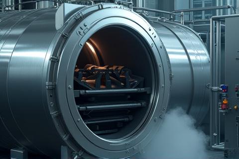 Large industrial autoclave with its door ajar, showing advanced carbon fiber curing capabilities.