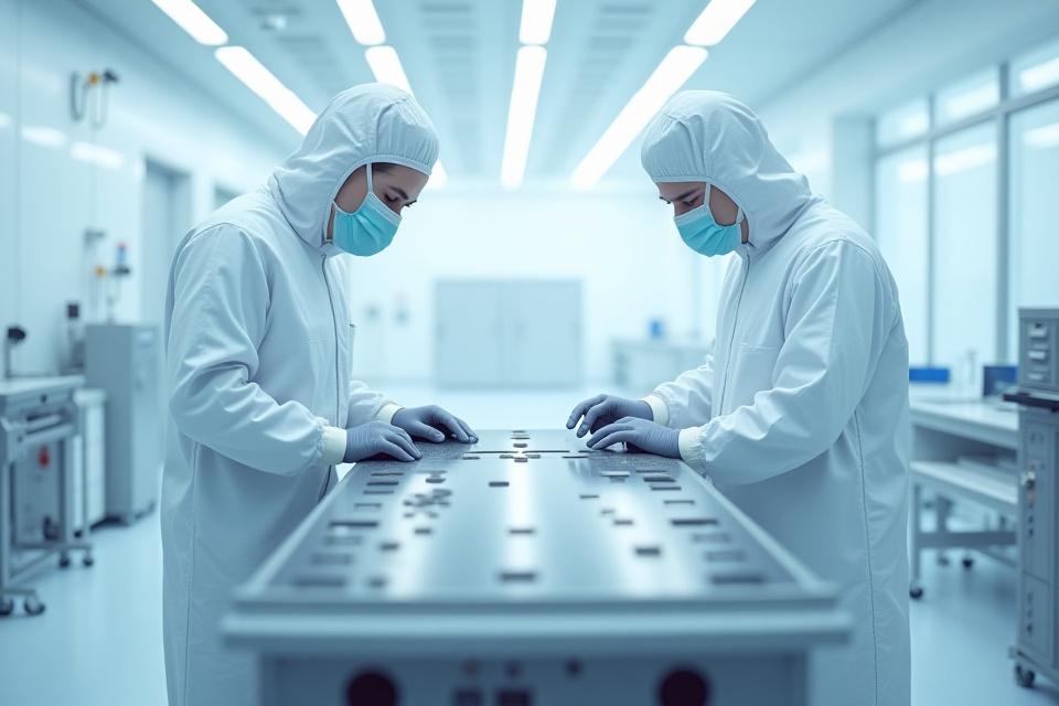 Technicians in full cleanroom attire working diligently on a carbon fiber lay-up, demonstrating precision manufacturing.