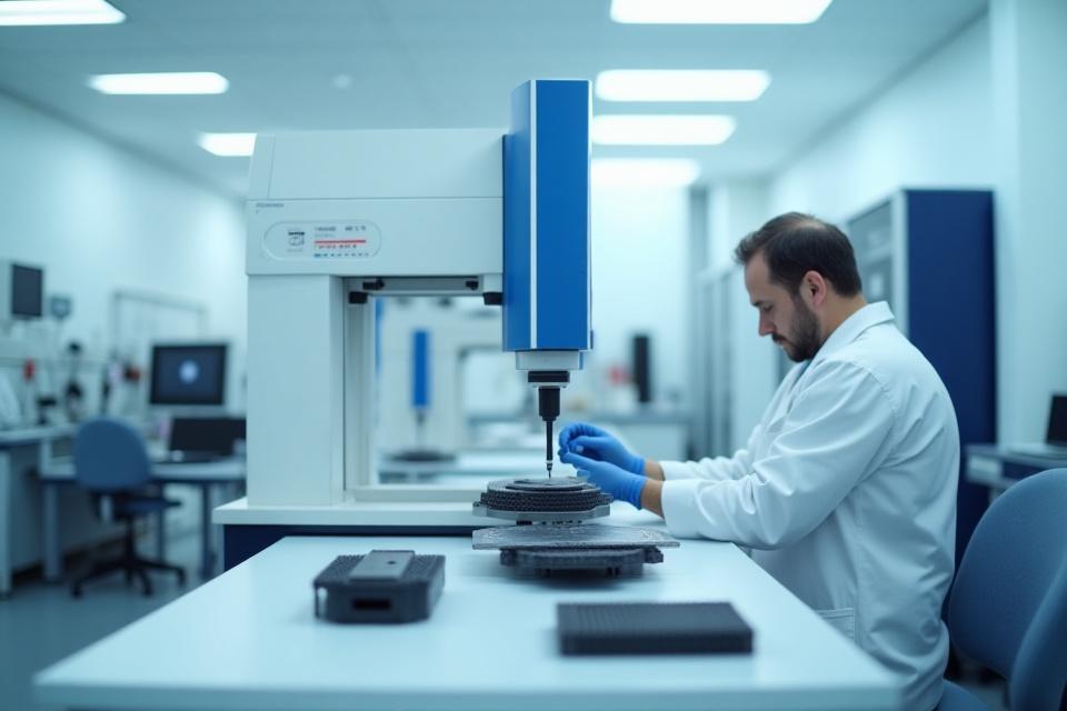 Technician conducting a quality inspection on a carbon fiber component using advanced metrology equipment.