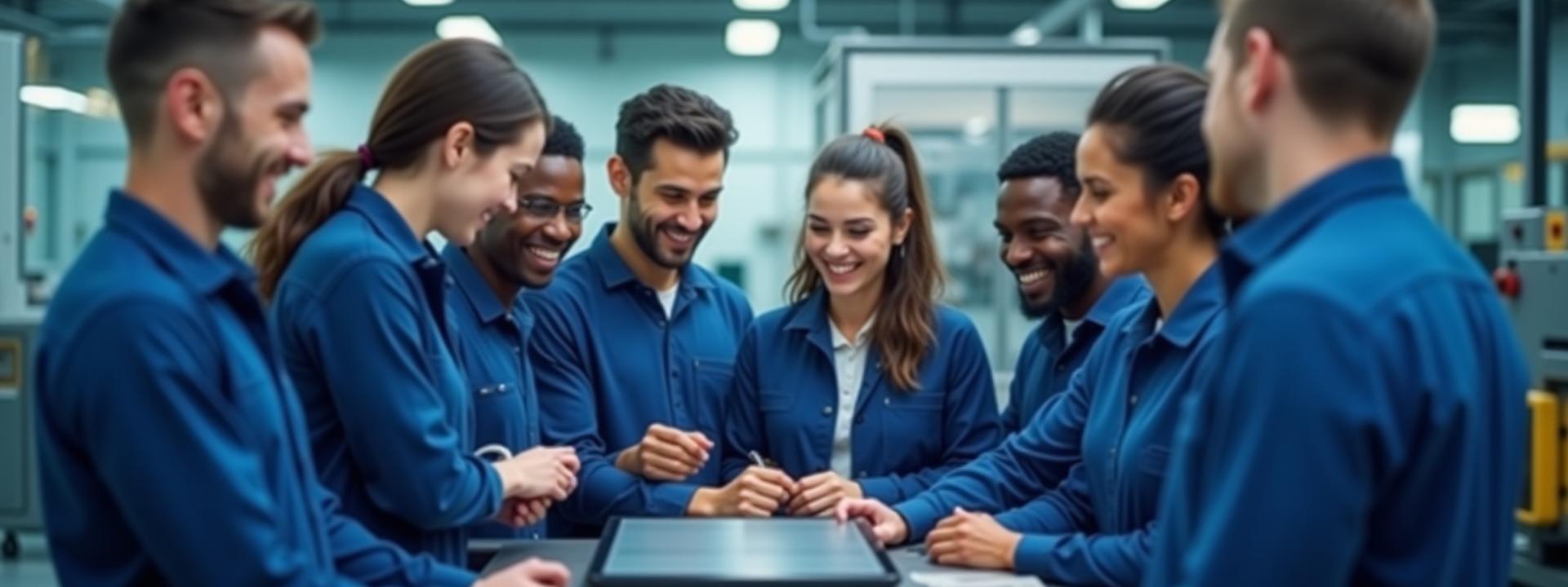 Diverse team of Kinetic Composites engineers and technicians smiling and collaborating in a modern carbon fiber manufacturing facility.