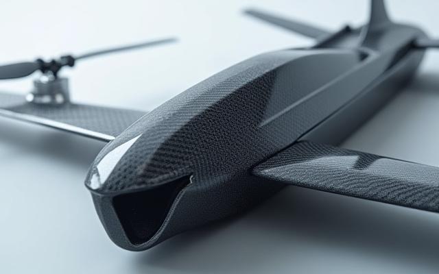 Close-up of a sleek carbon fiber drone body