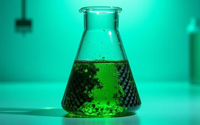 A carbon fiber component partially submerged in a corrosive liquid, illustrating robust chemical resistance.