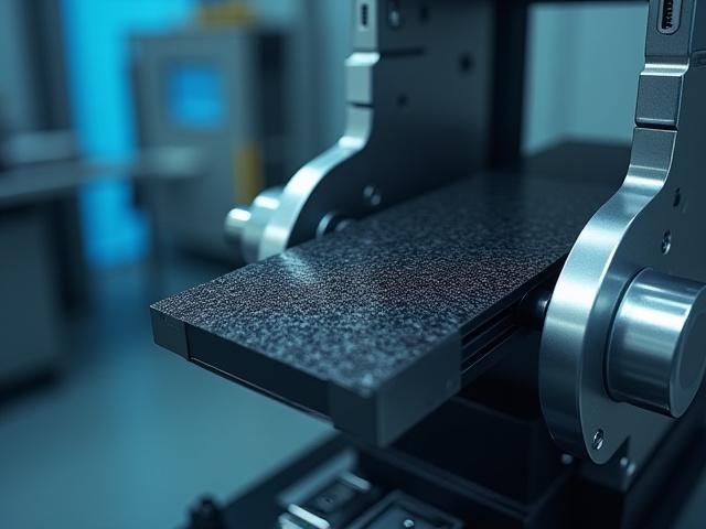 Close-up view of a carbon fiber coupon undergoing mechanical testing on a sophisticated machine, highlighting precision and scientific rigor.