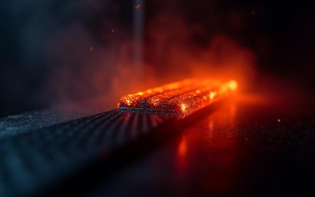 A glow of intense heat emanating from a carbon fiber component, suggesting extreme temperature resistance.