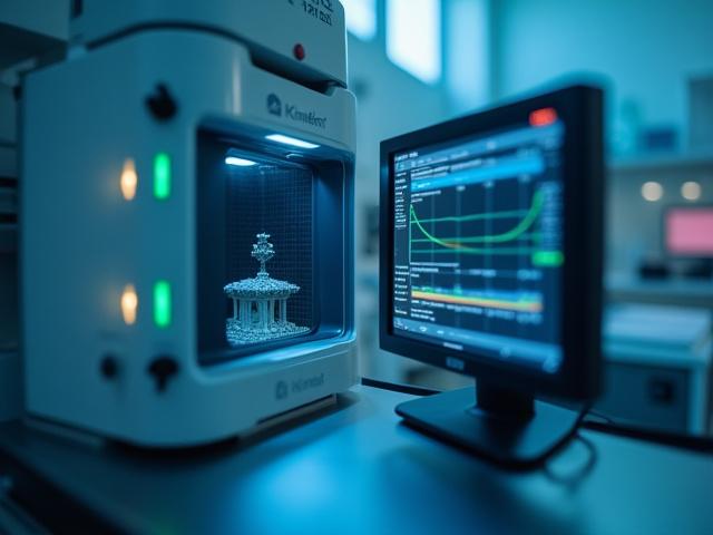 A sophisticated DMA or DSC thermal analysis instrument, displaying data on a screen, used for resin characterization.
