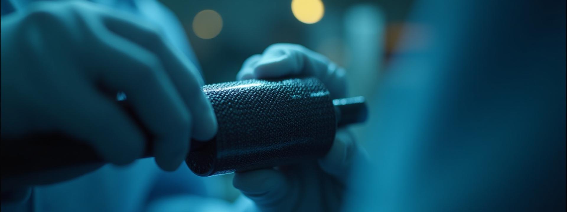 Close-up of a carbon fiber composite part being inspected by an engineer under bright studio lights, emphasizing precision and innovation