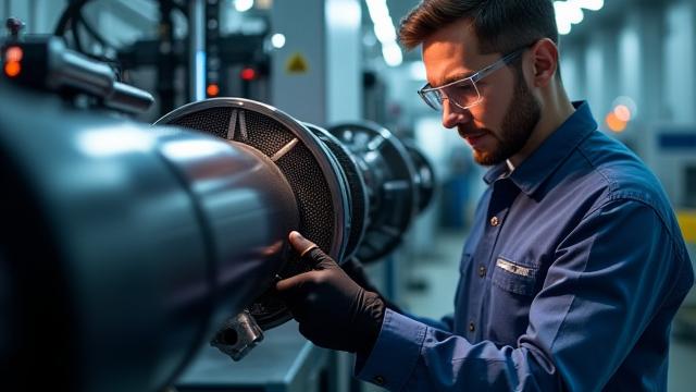 Industrial robotic arm with a carbon fiber end-effector undergoing inspection.