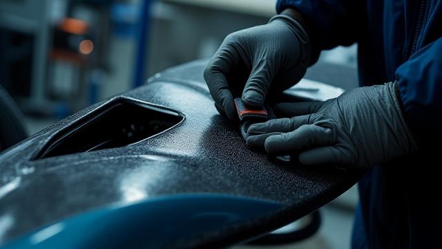 Damaged carbon fiber chassis tub undergoing repair in a high-tech motorsport workshop.