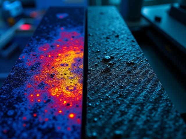 Ultrasonic C-scan image showing delamination in a carbon fiber composite part, next to the actual damaged component.