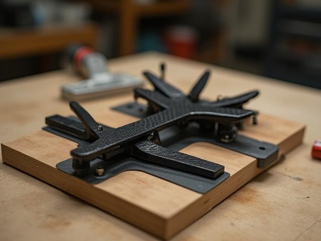 Complex assembly jig holding several carbon fiber components aligned for bonding.