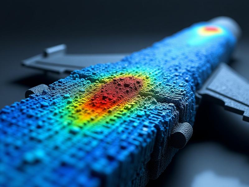 FEA stress plot visualization on a high-performance aerospace component, showing stress distribution.