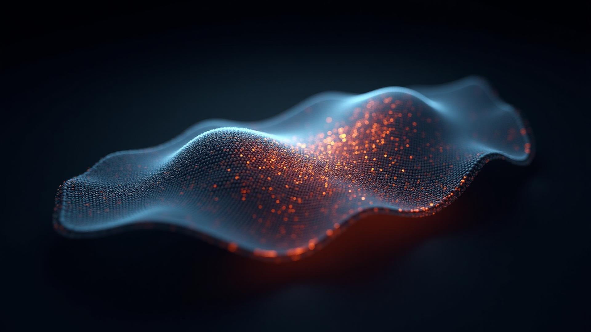 Abstract visualization of a Finite Element Analysis (FEA) mesh on a complex carbon fiber part, showing stress contours in blue and red.