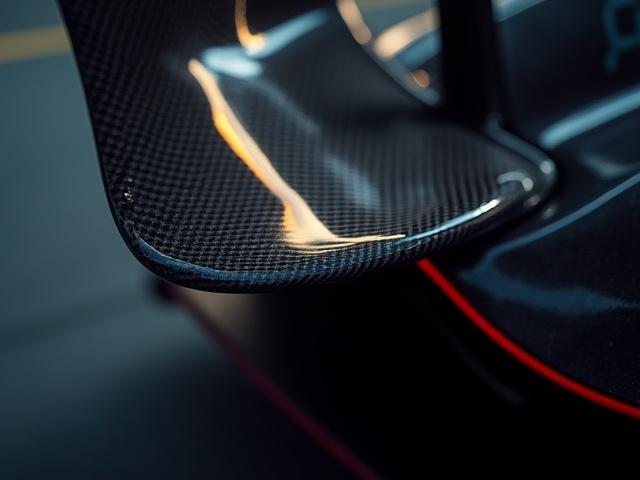 Aerodynamic carbon fiber wing (spoiler) on a high-performance race car, designed for optimal downforce.