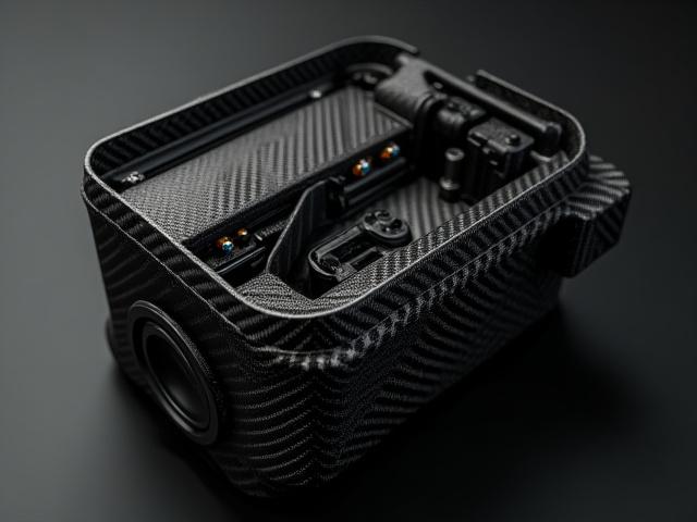 Close-up of a lightweight carbon fiber electric vehicle battery enclosure, showcasing intricate design and robust construction.