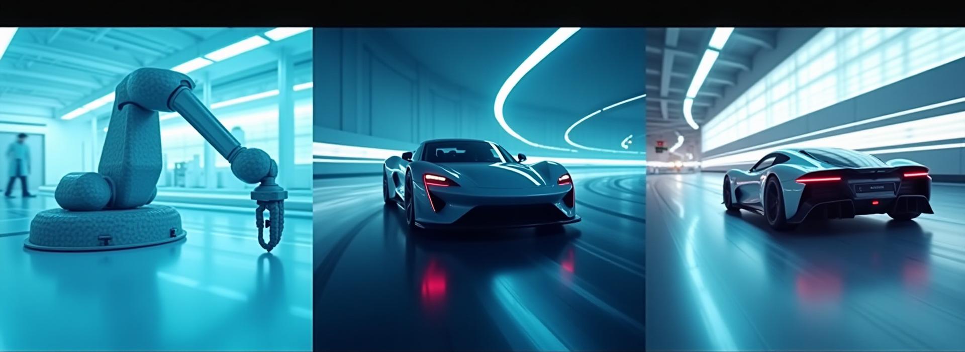 Dynamic collage: Robotic arm articulating, sleek electric vehicle on a track, and a high-performance race car cornering, all in motion, representing advanced composite applications.