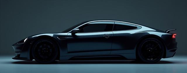 Sleek, luxury performance car in a studio setting, showcasing a perfectly painted body panel made with carbon fiber, emphasizing the final aesthetic quality.