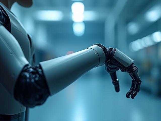 Sleek carbon fiber robotic arm articulating precisely in a modern manufacturing setting.