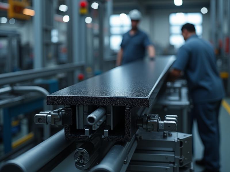 A long, sleek black carbon fiber gantry beam being installed into a high-precision industrial automation system, with technicians in the background.