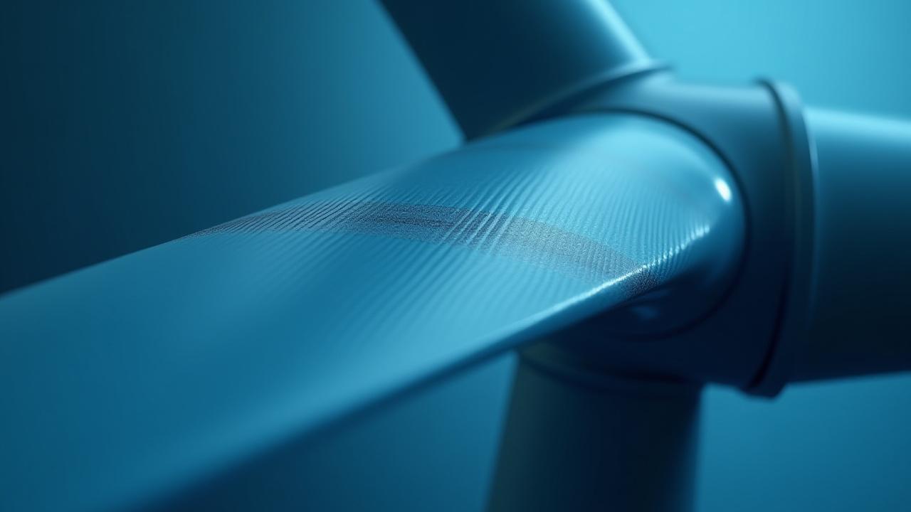 Close-up view of a carbon fiber wind turbine blade structure under construction, highlighting its robust, engineered composite layers.