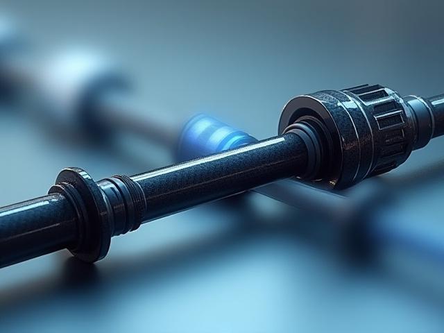 A polished carbon fiber drive shaft connecting industrial machinery, showcasing its sleek, lightweight design.