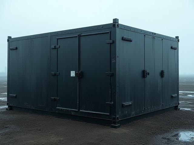 A rugged, dark carbon fiber composite enclosure protecting sensitive electronic equipment in a harsh outdoor industrial setting.