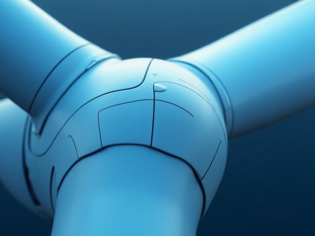 Detailed shot of a carbon fiber wind turbine blade's leading edge, showing a smooth, reinforced surface.